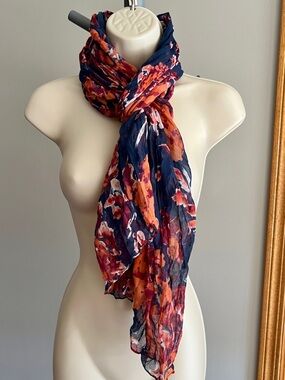 Ann Taylor Loft Navy Floral Semi Sheer Crinkle Scarf